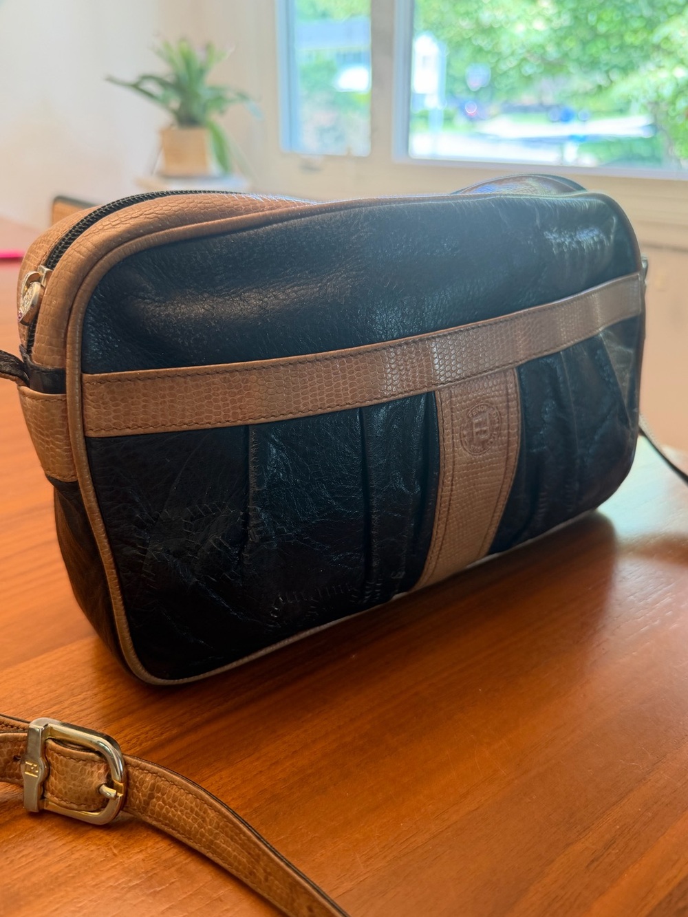 Fendi Black and Brown Leather Crossbody Bag- Vintage